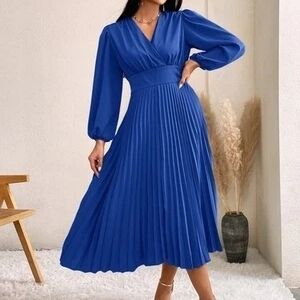SHEIN Cobalt Blue Pleated V-Neck Midi Dress